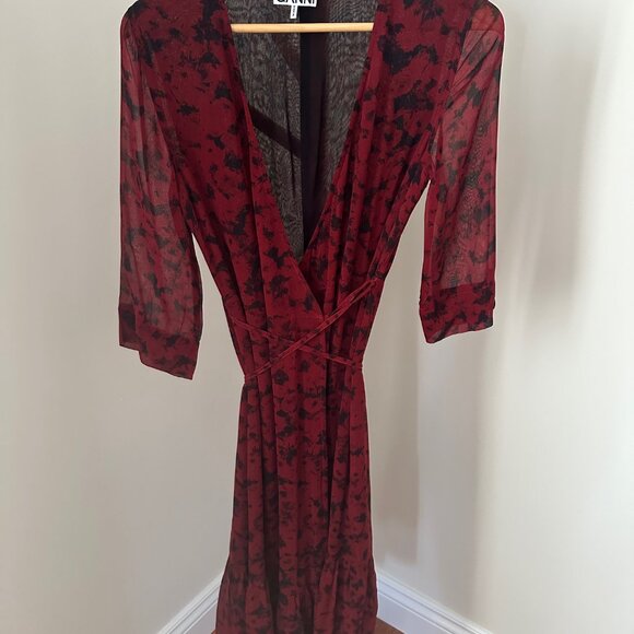 GANNI Light Georgette Wrap Midi Dress in Syrah (Red-Black Floral Print) - Picture 5 of 11